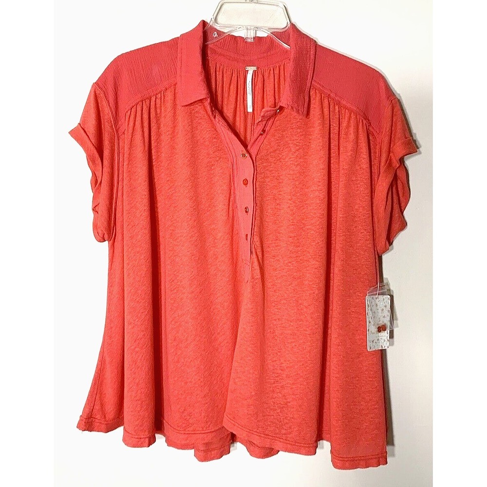 NEW Free People Swingy Top Womens XS Pink Low Down Neon Strawberry Linen Blend